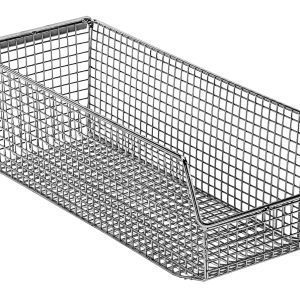 The 15W x 6D x 5H Quantum Mesh Stack And Hang Bin features a rectangular metal wire mesh with a sloping front, horizontal handle bar, grid pattern for visibility and ventilation, and an optional rear hanger for versatile placement on any plain white background. It is chrome finished and stackable.