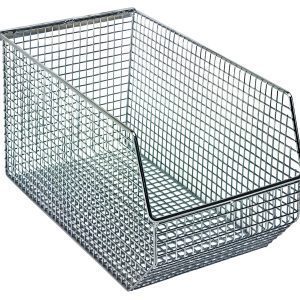 The Quantum Mesh Stack and Hang Bin, measuring 14-1/2W x 8D x 7H, features a rectangular shape with a chrome finish, ideal for storage or organization. It is stackable and includes a rear hanger.