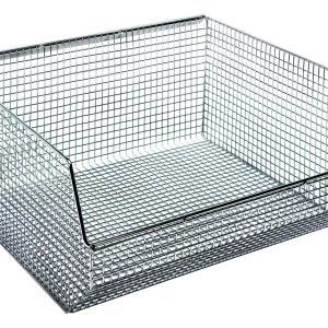 The Quantum Mesh Stack and Hang Bin, measuring 14-1/2W x 16-1/4D x 7H, features a chrome finish, rectangular shape, silver color, and an open-top with a slanted front. Its evenly spaced grid pattern enhances its stackable design.