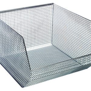 The Quantum Mesh Stack and Hang Bin (18-1/2W x 17D x 11-1/4H) features a chrome finish, rectangular shape, open front for easy access, durable metal grid pattern, three solid sides, rear hanger, slightly lowered edge, and is stackable—ideal for stylish storage and organizing.