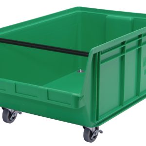 The green Quantum Magnum Bin is a mobile utility cart, 29L x 18-3/8W x 14-7/8H, made from high-density polypropylene with a handlebar and four wheels. It boasts a 150 lbs. stack capacity and is resistant to solvents, corrosion, rust, and rot. Made in the USA.