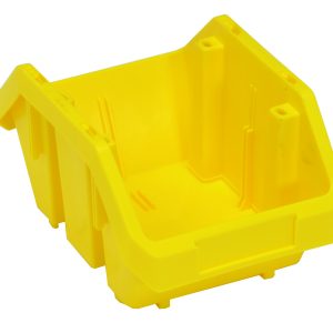 The Quantum QuickPick Bin, 9-1/2W x 6-5/8D x 5H, made of heavy-duty polypropylene, offers double-sided access. This bright yellow bin, crafted in the USA with reinforced edges and a slanted front opening, is stackable and ideal for organizing small items or tools.