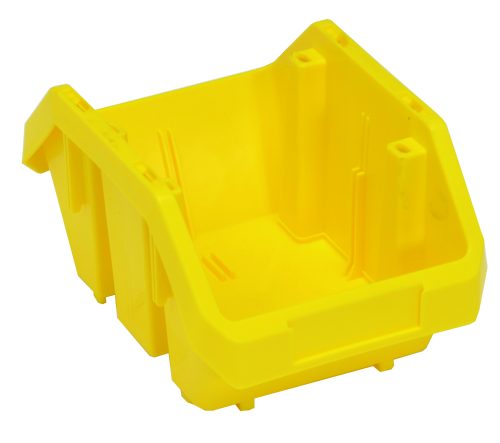 QP965_YL.jpg The Quantum QuickPick Bin, 9-1/2W x 6-5/8D x 5H, made of heavy-duty polypropylene, offers double-sided access. This bright yellow bin, crafted in the USA with reinforced edges and a slanted front opening, is stackable and ideal for organizing small items or tools.