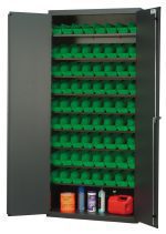 A Quantum Heavy-Duty 36 Bin Cabinet with 14 gauge all-welded construction, gray powder-coated finish, and eight sloped shelves houses seventy-two QSB101 green bins. The cabinet measures 36W x 18D x 78H, and its bottom shelf contains a red fuel can, cleaning supplies, and a blue spray can; the left door is open.