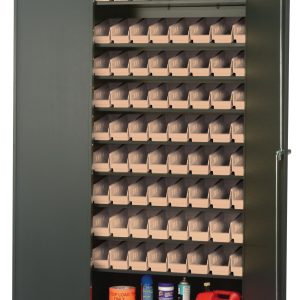 The Quantum Heavy-Duty 36 Bin Cabinet, measuring 36W x 18D x 78H, has a gray powder-coated finish and a sturdy 400 lb. capacity per shelf. It features eight sloped shelves and includes 72 QSB101 ivory bins for organized storage with additional space for red containers or spray cans on the bottom shelf.