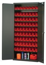 The Quantum Heavy-Duty 36 Bin Cabinet, measuring 36W x 18D x 78H, features a robust 14-gauge all-welded construction and a gray powder-coated finish. With one door open, the cabinet reveals eight sloped shelves and includes 72 QSB101 red bins while supporting up to 400 lb. per shelf.
