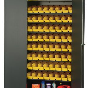 The Quantum Heavy-Duty 36 Bin Cabinet, 36W X 18D X 78H features a durable gray powder-coated finish, 14 gauge all welded construction, and supports up to 400 lbs per shelf. It includes eight sloped shelves and seventy-two QSB101 yellow bins, storing items like a red fuel can or orange bucket securely.
