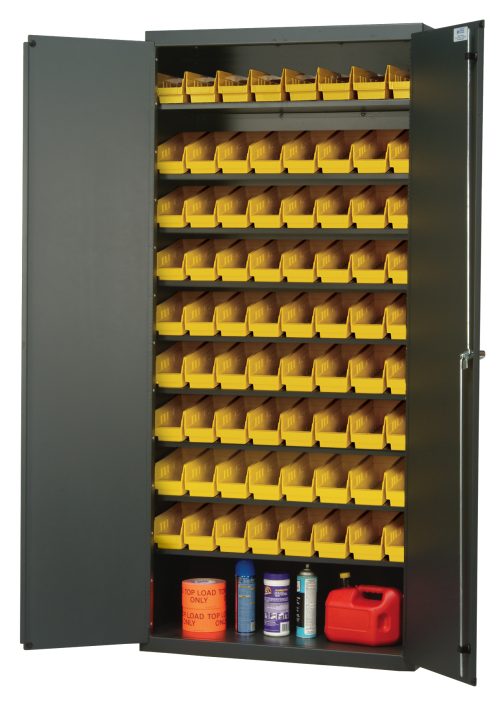 The Quantum Heavy-Duty 36 Bin Cabinet, 36W X 18D X 78H features a durable gray powder-coated finish, 14 gauge all welded construction, and supports up to 400 lbs per shelf. It includes eight sloped shelves and seventy-two QSB101 yellow bins, storing items like a red fuel can or orange bucket securely.