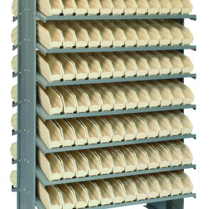 The Quantum Pick Rack is a double-sided unit, measuring 24L x 36W x 60H. It features slopped shelves for securing items and includes 192 ivory bins for efficient small parts or tools organization. The rack has a capacity of 800 lbs and comes with a configuration of 16 shelves.