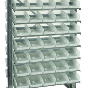 The Quantum Pick Rack is a double-sided, sloped shelving unit, 24L x 36W x 60H, with a capacity of 800 lbs. It features 16 shelves and includes 80 QSB102 clear bins for efficient small item organization.