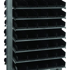 The Quantum Pick Rack is a slopped, double-sided metal storage unit with dimensions of 24L x 36W x 60H. It features 16 shelves and includes 80 QSB102 black bins, offering sturdy support and excellent small-item organization for workshops or industrial settings. Capacity: 800 lbs.