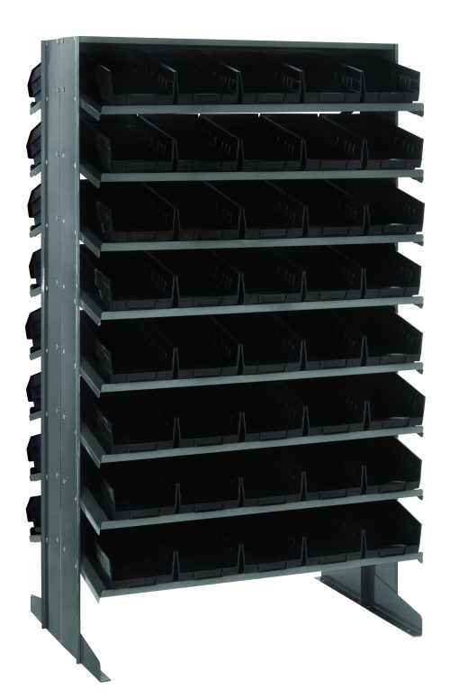 QPRD-102_BK.jpg The Quantum Pick Rack is a slopped, double-sided metal storage unit with dimensions of 24L x 36W x 60H. It features 16 shelves and includes 80 QSB102 black bins, offering sturdy support and excellent small-item organization for workshops or industrial settings. Capacity: 800 lbs.