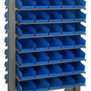 The Quantum Pick Rack is a double-sided unit measuring 24L x 36W x 60H, offering an 800 lbs. capacity with a sloped design for easy access. It features a configuration of 16 shelves and includes 80 QSB102 blue bins for robust storage solutions.