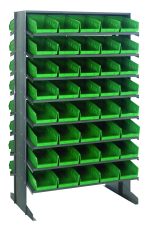 The Quantum Pick Rack, sloped and double-sided, measures 24L x 36W x 60H and supports up to 800 lbs. It features a robust metal system with 16 shelves and includes 80 Qsb102 green bins for organizing small parts or tools, offering open-faced access and visibility.