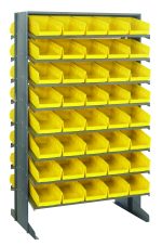 Introducing the Quantum Pick Rack: a metal shelving unit with 16 shelves and eight rows of Qsb102 yellow plastic bins. Each sloped bin ensures easy access, while the double-sided frame offers a sleek gray finish for effortless organization, measuring 24L x 36W x 60H with an 800 lbs capacity.