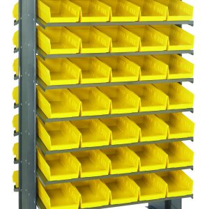 Introducing the Quantum Pick Rack: a metal shelving unit with 16 shelves and eight rows of Qsb102 yellow plastic bins. Each sloped bin ensures easy access, while the double-sided frame offers a sleek gray finish for effortless organization, measuring 24L x 36W x 60H with an 800 lbs capacity.