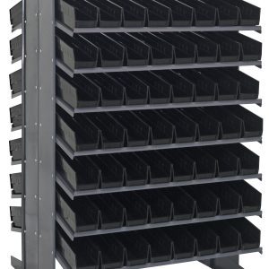 The Quantum Pick Rack is a metal, double-sided unit measuring 36L x 36W x 60H, featuring 16 shelves with reinforced sides. It holds up to 800 lbs and includes 128 QSB103 black bins mounted at a sloped angle, perfect for organizing small items in industrial or workshop settings.