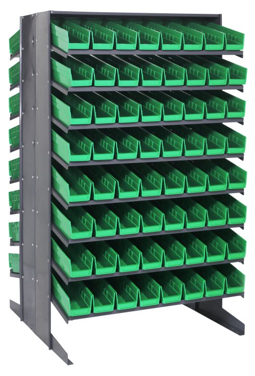 The Quantum Pick Rack is a double-sided, sloped shelving unit, 36L x 36W x 60H, with an 800 lbs capacity. It features a freestanding design with 16 shelves and includes 128 QSB103 green bins, ideal for organizing small parts or tools.