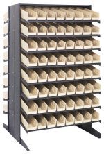 The Quantum Double-Sided Sloped Pick Rack features a 16-shelf setup with 128 ivory bins for small parts. It has a black frame, sturdy legs, measures 36L x 36W x 60H, and supports up to 800 lbs.