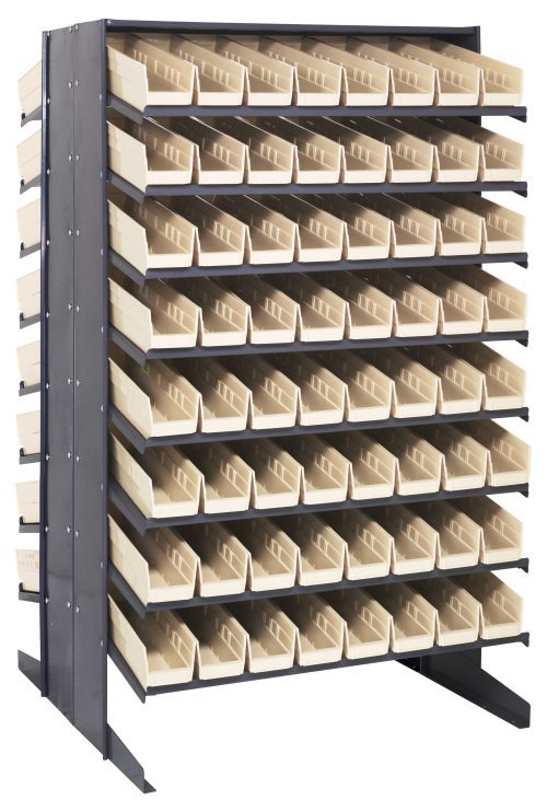 The Quantum Double-Sided Sloped Pick Rack features a 16-shelf setup with 128 ivory bins for small parts. It has a black frame, sturdy legs, measures 36L x 36W x 60H, and supports up to 800 lbs.