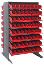 Presenting the Quantum Pick Rack: a double-sided metal storage unit with an 800 lbs. capacity, measuring 36L x 36W x 60H. It features 16 shelves and includes 128 Qsb103 red bins, ideal for efficient small item organization.