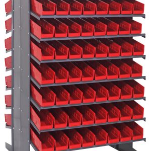 Presenting the Quantum Pick Rack: a double-sided metal storage unit with an 800 lbs. capacity, measuring 36L x 36W x 60H. It features 16 shelves and includes 128 Qsb103 red bins, ideal for efficient small item organization.