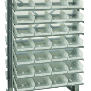 The Quantum Pick Rack is a slopped, double-sided metal storage solution with an 800 lbs. capacity and compact dimensions of 24L x 36W x 60H. It features (16) shelves and comes with (64) Qsb107 clear bins, ideal for efficiently organizing small items.