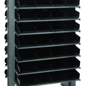 The Quantum Pick Rack is a freestanding metal shelving unit, double-sided with a sloped design, measuring 24L x 36W x 60H. It features a configuration of 16 shelves and includes 64 Qsb107 black bins, offering an impressive capacity of 800 lbs. for organizing small parts and items.