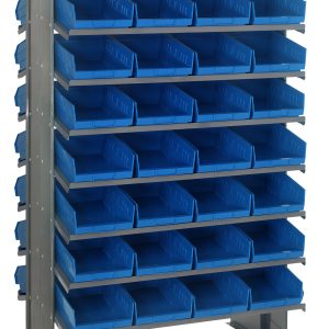 The Quantum Pick Rack is a double-sided metal rack measuring 24L x 36W x 60H with an 800 lbs. capacity, featuring 64 blue, sloped plastic storage bins in a six-column layout on 16 shelves for efficient organization of small parts or tools in workshops or storage areas.