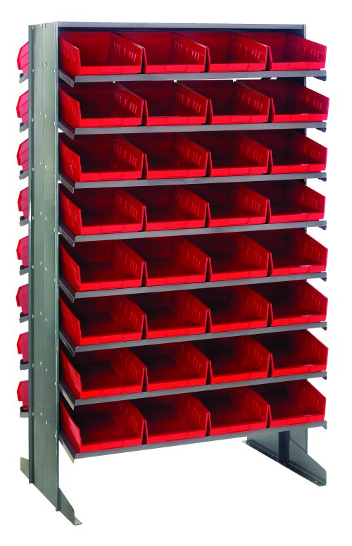 The Quantum Pick Rack is a sloped, double-sided shelving unit measuring 24L x 36W x 60H with a 16-shelf configuration. It includes 64 Qsb107 red bins organized in three columns of nine rows and has an impressive capacity of 800 lbs. The bins are open at the top for easy access.