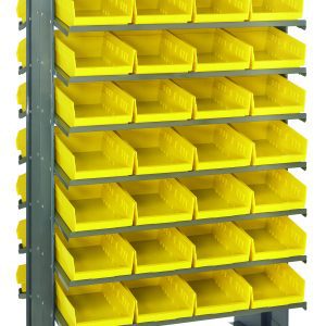 The Quantum Pick Rack, a double-sided, sloped storage rack measuring 24L x 36W x 60H, features an 800 lbs. capacity with (16) shelves and comes with (64) Qsb107 yellow bins for organizing small parts or tools.