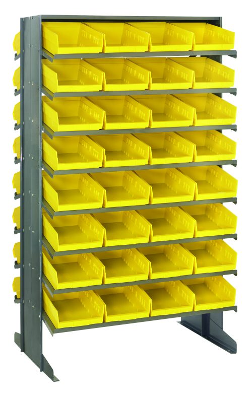 The Quantum Pick Rack, a double-sided, sloped storage rack measuring 24L x 36W x 60H, features an 800 lbs. capacity with (16) shelves and comes with (64) Qsb107 yellow bins for organizing small parts or tools.