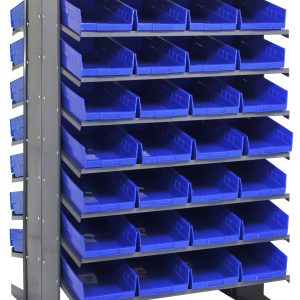 The Quantum Pick Rack is a sloped, double-sided organizer measuring 36L x 36W x 60H with an 800 lbs. capacity. It features 16 shelves and comes with 64 Qsb108 blue bins, ideal for efficient storage and easy access to small parts or tools in any workspace.