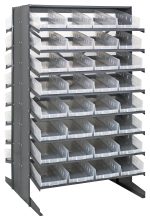 The Quantum Pick Rack is double-sided, measures 36L x 36W x 60H, and includes (16) shelves with an 800 lbs. capacity for versatile organization. This sturdy rack holds (64) Qsb108 clear bins and is perfect for displaying them in a sloped arrangement to reveal the left side.