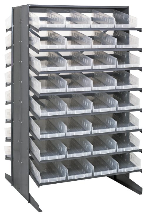 The Quantum Pick Rack is double-sided, measures 36L x 36W x 60H, and includes (16) shelves with an 800 lbs. capacity for versatile organization. This sturdy rack holds (64) Qsb108 clear bins and is perfect for displaying them in a sloped arrangement to reveal the left side.