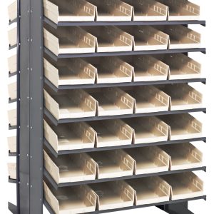 The Quantum Pick Rack, sloped and double-sided, measures 36L x 36W x 60H with an 800 lbs. capacity. It features (16) shelves supported by four vertical columns and includes (64) QSB108 ivory bins for small parts or tools organization.