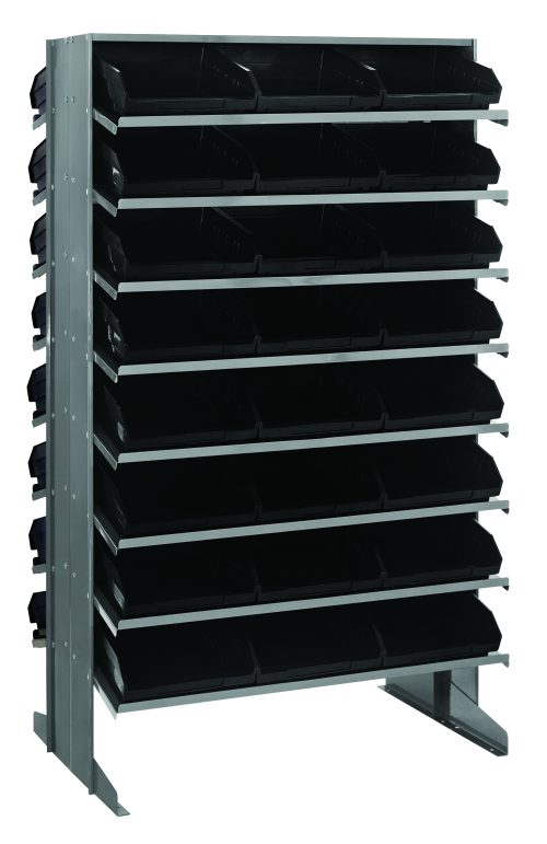 The Quantum Pick Rack is a sloped, double-sided metal rack measuring 24L x 36W x 60H with a capacity of 800 lbs. It features 16 shelves and includes 48 QSB109 black bins, ideal for storing and organizing items in industrial or warehouse environments.