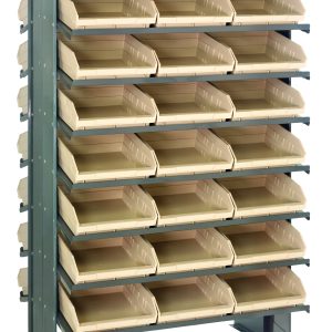 The Quantum Pick Rack features a sturdy metal design measuring 24L x 36W x 60H. With a total capacity of 800 lbs., it includes 16 shelves and comes with 48 ivory Qsb109 bins, arranged sloped and double-sided for easy front access to small items.