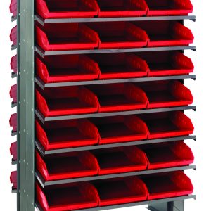 The Quantum Pick Rack features a slopped, double-sided design with 16 shelves and includes 48 QSB109 red bins for easy access. It measures 24L x 36W x 60H and offers an organized storage solution with a capacity of up to 800 lbs.