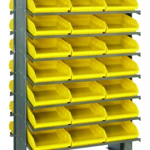 The Quantum Pick Rack, a double-sided unit measuring 24L x 36W x 60H with a capacity of 800 lbs, includes a 16-shelf configuration and comes with 48 Qsb109 yellow bins. The sloped design allows for easy access and vibrant contrast, making it ideal for storage and organization.