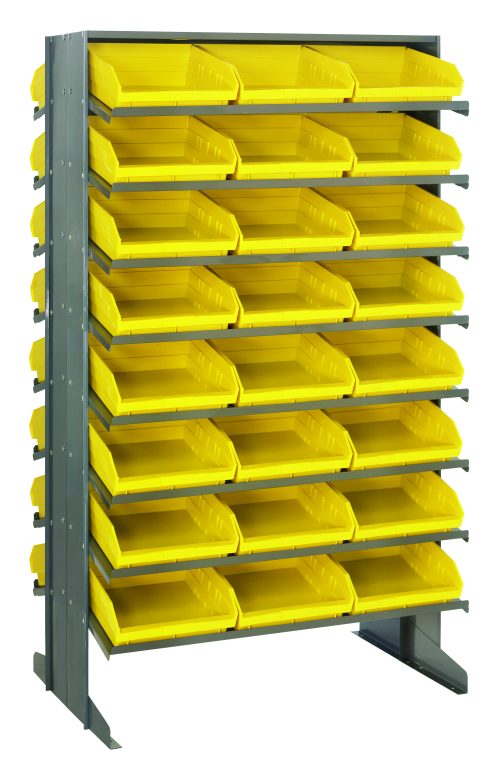 The Quantum Pick Rack, a double-sided unit measuring 24L x 36W x 60H with a capacity of 800 lbs, includes a 16-shelf configuration and comes with 48 Qsb109 yellow bins. The sloped design allows for easy access and vibrant contrast, making it ideal for storage and organization.