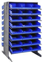 The Quantum Pick Rack is a double-sided, sloped shelving unit with 16 shelves designed to organize small parts with 48 QSB110 blue bins. It measures 36L x 36W x 60H, supports up to 800 lbs., and exudes an industrial appearance.