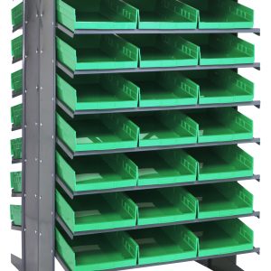 The Quantum Pick Rack is a double-sided, slopped design storage solution with an 800 lbs. capacity, measuring 36L x 36W x 60H. It includes 16 shelves and comes with 48 Qsb110 green bins for efficient organization.