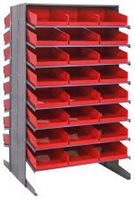 Introducing the Quantum Pick Rack, a durable, double-sided metal storage solution measuring 36L x 36W x 60H. It boasts a 16-shelf configuration with a capacity of 800 lbs and includes 48 red QSB110 bins, perfect for easy organization and access to small parts in any workshop or garage.