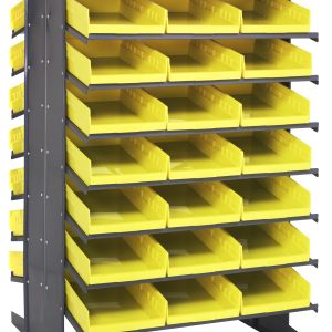The large Quantum Pick Rack is a black metal, double-sided shelving unit with 16 shelves across 8 rows. Each row includes 4 open-topped, sloped Qsb110 bright yellow bins for easy access, and the entire rack measures 36L x 36W x 60H with an 800 lbs capacity.