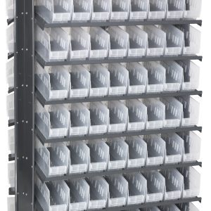 The Quantum Pick Rack is a large, double-sided, slopped unit measuring 24L x 36W x 63-1/2H. It has a capacity of 800 lbs and includes 16 tiered shelves filled with 128 clear Qsb201 bins. These front-open bins are perfect for organizing small items and give the unit a sturdy, industrial look.