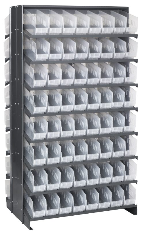 QPRD- 207 Cl The Quantum Pick Rack is a large, double-sided, slopped unit measuring 24L x 36W x 63-1/2H. It has a capacity of 800 lbs and includes 16 tiered shelves filled with 128 clear Qsb201 bins. These front-open bins are perfect for organizing small items and give the unit a sturdy, industrial look.