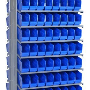 The Quantum Pick Rack is a sloped, double-sided shelving unit measuring 24L x 36W x 63-1/2H, with an 800 lbs. capacity and a configuration of 16 shelves. It includes 128 QSB201 blue bins, ideal for organizing small parts or tools efficiently.
