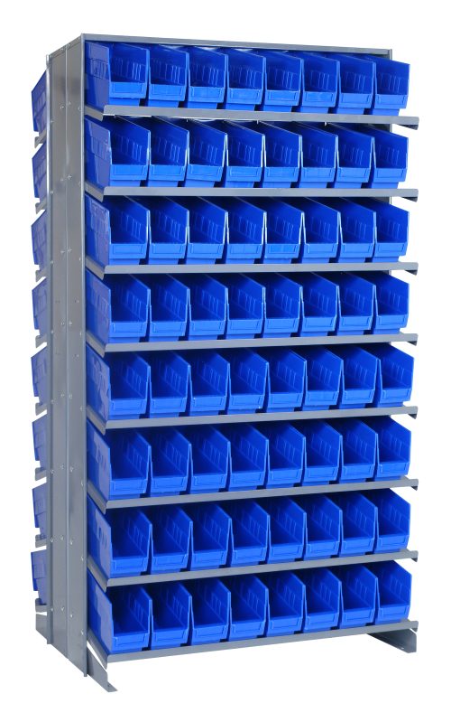 QPRD-201_BL.jpg The Quantum Pick Rack is a sloped, double-sided shelving unit measuring 24L x 36W x 63-1/2H, with an 800 lbs. capacity and a configuration of 16 shelves. It includes 128 QSB201 blue bins, ideal for organizing small parts or tools efficiently.