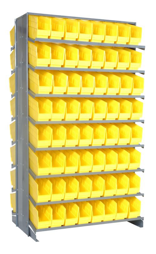 The Quantum Pick Rack features a double-sided, sloped design with 16 shelves and 128 uniform-sized QSB201 yellow bins for small item storage. With dimensions of 24L x 36W x 63-1/2H and an 800 lb capacity, it combines industrial sturdiness with enhanced accessibility.